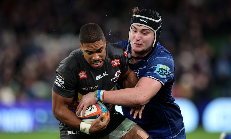 Stormers' Ben Loader is tackled by Brian Deeny of Leinster. Photograph: James Crombie/Inpho