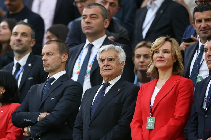 Spanish Football Federation president Pedro Rocha (centre) stands beside Uefa president Aleksander Ceferin (left) during the Spain-Georgia match at Euro 2024. Photograph: Lars Baron/Getty Images