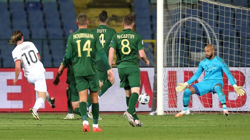 Bulgaria’s Bozhidar Kraev scores  past Ireland goalkeeper Darren Randolph during the  Uefa Nations League match at Vasil Levski National Stadium in Sofia. Photograph: Kostadin Andonov/Inpho