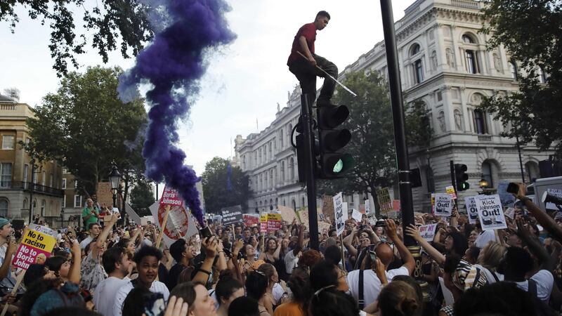 Demonstrators rally against Britain’s newly appointed prime minister Boris Johnson outside Downing Street in London. Photograph: Tolga Akmen/AFP/Getty Images