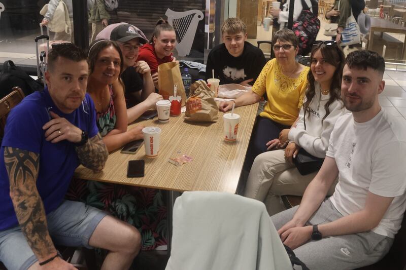 Eight members of the Gibbons family who were stranded at Dublin Airport on Monday evening when their Ryanair flight to Malaga was cancelled. Photograph: Ronan McGreevy