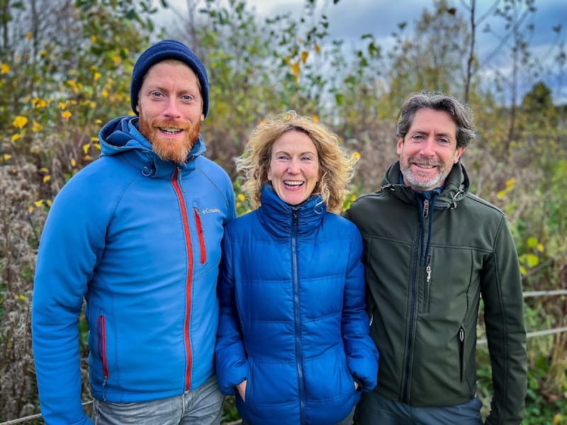 Home Grown: Presenter Kitty Scully with John (left) and Colm Galvin of Living Woodlands. Photograph: RTÉ