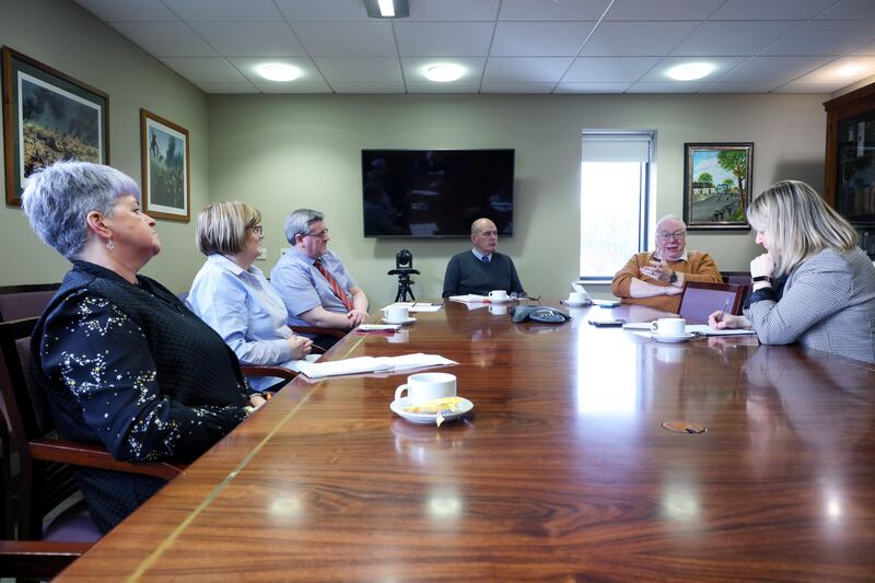 From left: Gillian McIntyre, Lynda Gibson, Dr Jonathan Mattison, Ian Carlisle, Reverend Mervyn Gibson, and Irish Times journalist, Freya McClements at Belfast's Museum of Orange Heritage. Photograph: Stephen Davison/Pacemaker