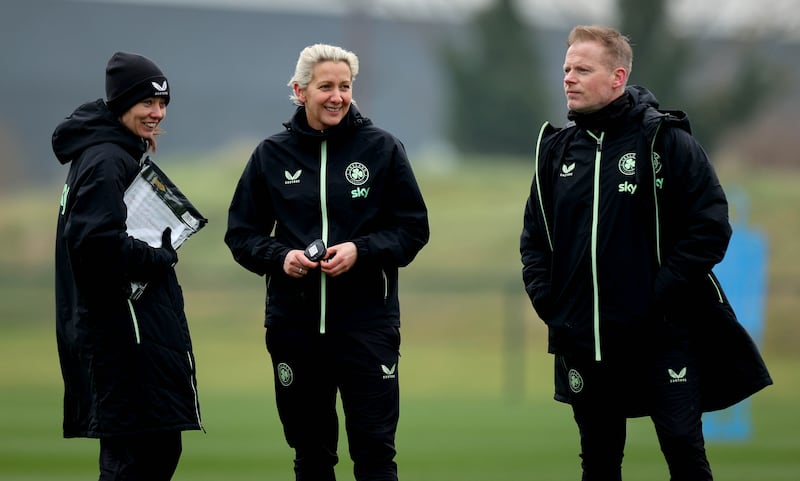 Republic of Ireland head coach Carla Ward (centre) with her assistant coaches Amber Whiteley and Alan Mahon at training on Tuesday. Photograph: INPHO/Ryan Byrne