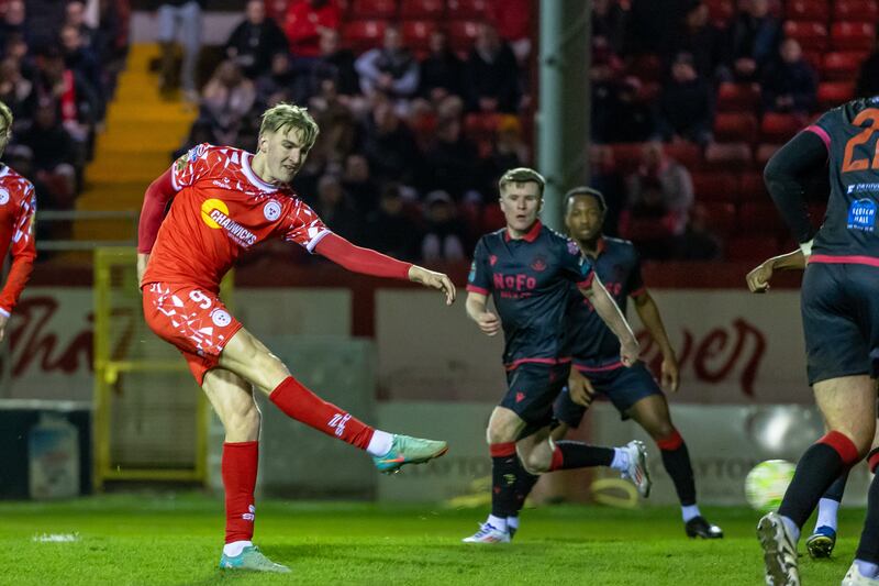 Shelbourne’s Sean Boyd scores the second goal of the game against Drogheda United. Photograph: Morgan Treacy/Inpho