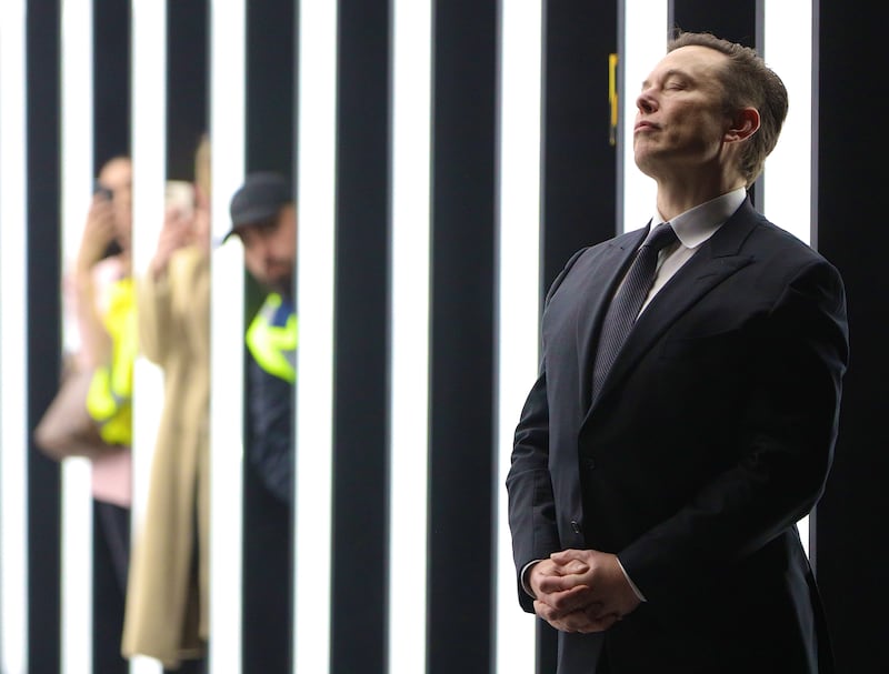 Tesla CEO Elon Musk contemplates during the official opening of the new Tesla electric car manufacturing plant in March 2022 near Gruenheide, Germany. Photograph: Christian Marquardt/Getty Images