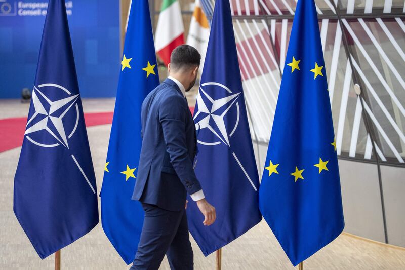 Nato flags pictured during a meeting of the European Council in Brussels. Photograph: Nicolas Maeterlinck/Getty