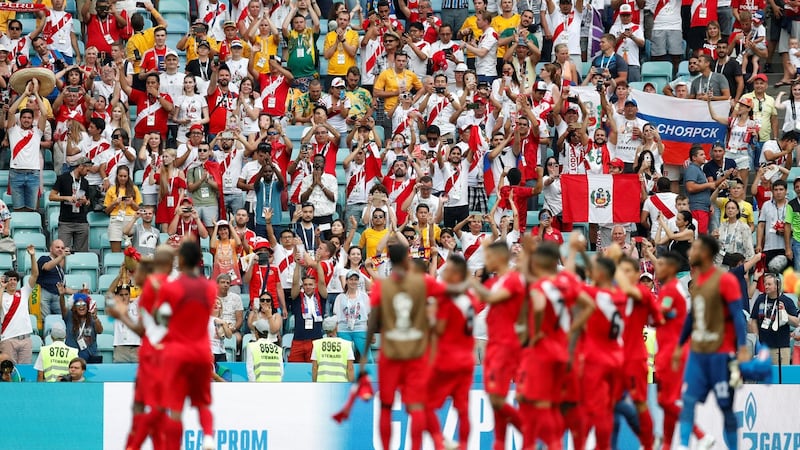 Peru fans celebrate after their win over Australia in their 2018 World Cup Group C meeting. Photo: Carlos Garcia Rawlins/Reuters