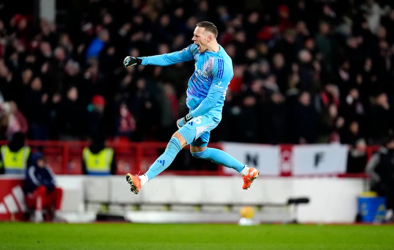 Nottingham Forest goalkeeper Matz Sels celebrates after the final whistle. Photograph: Nick Potts/PA