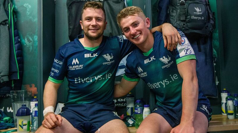 Connacht’s Jack Carty and Conor Fitzgerald celebrate their win over Montpellier. Photograph: James Crombie/Inpho