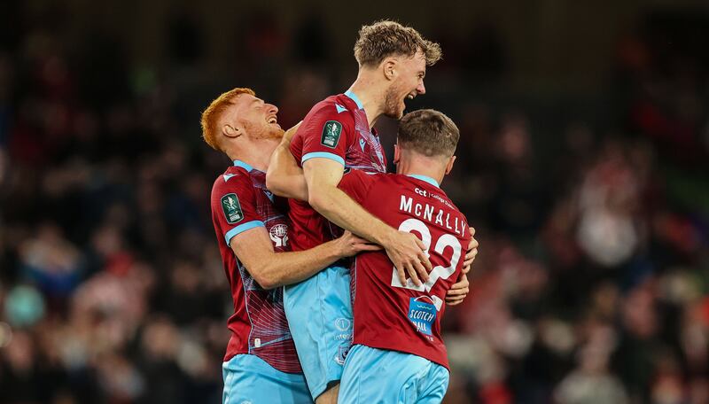 Drogheda’s James Bolger, Aaron McNally and Andrew Quinn celebrate after their win. Photograph: Nick Elliott/Inpho