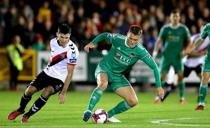 Cork City’s Seán McLoughlin in action against  Dinny Corcoran of Bohemians. Photograph: Ryan Byrne/Inpho