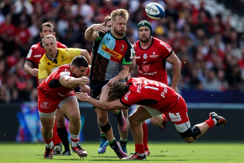 Harlequins' Tyrone Green in action against Toulouse's Julien Marchand and Paul Costes at Le Stadium. Referee Andy Brace had some big calls to make as Harlequins' discipline deserted them in the final quarter. Photograph: Gary Carr/Inpho