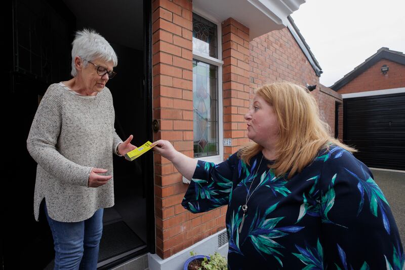 Alliance leader Naomi Long canvasses in East Belfast, a tight marginal with the DUP. Photograph: Liam McBurney/PA Wire