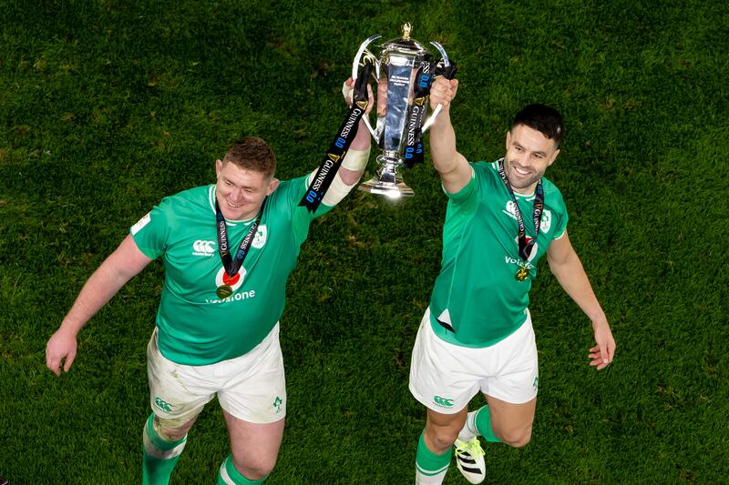 Ireland’s Conor Murray and Tadhg Furlong with the Six Nations trophy. Photograph: Morgan Treacy/Inpho