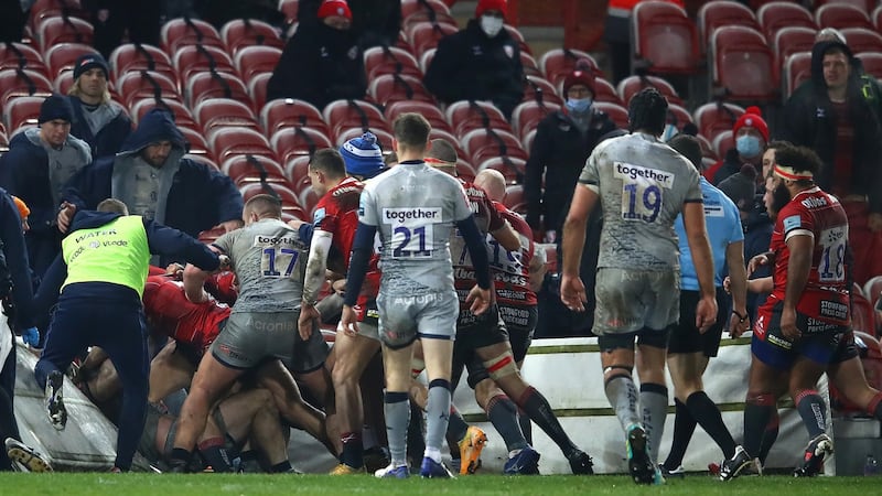 A mass brawl  among the Gloucester and Sale players and coaching staff during a   match between Gloucester and Sale  on January 2nd. Photograph:  Michael Steele/Getty Images