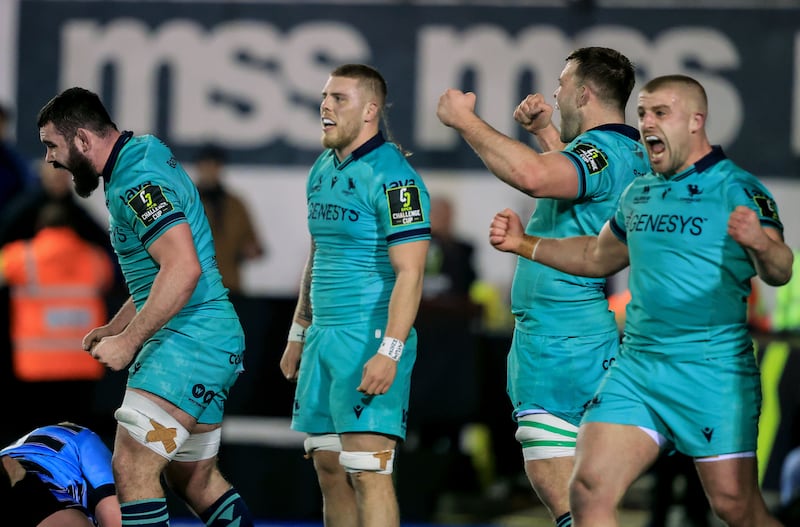 Connacht celebrate at the full-time whistle. Photograph: Dan Sheridan/Inpho