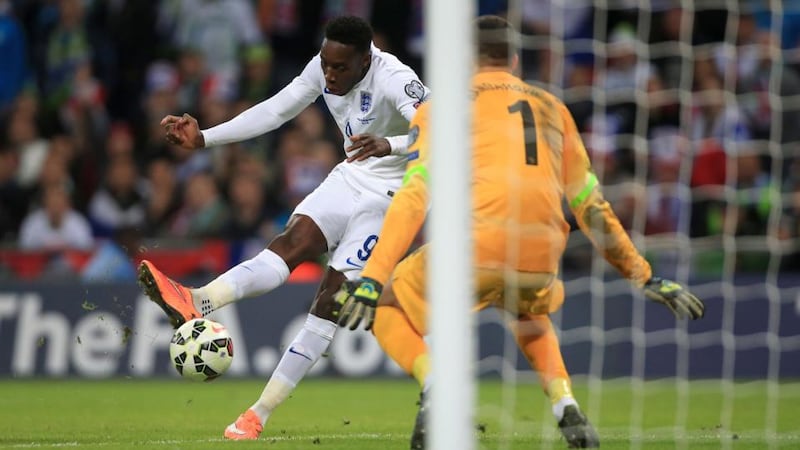 England’s Danny Welbeck scores his side’s third goal against Slovenia at  at Wembley Stadium. Photograph: Nick Potts/PA Wire