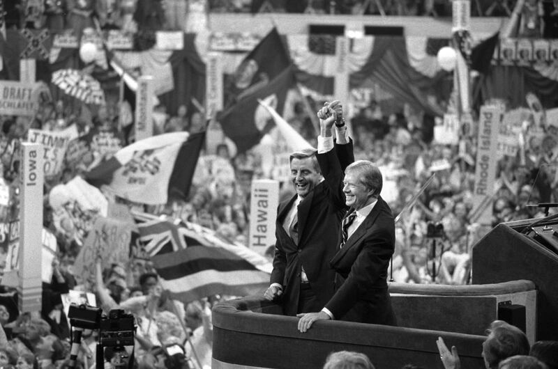 President Jimmy Carter and vice-president Walter Mondale at the Democratic National Convention at Madison Square Garden in New York, on August 14th, 1980. Photograph: Teresa Zabala/The New York Times
                      