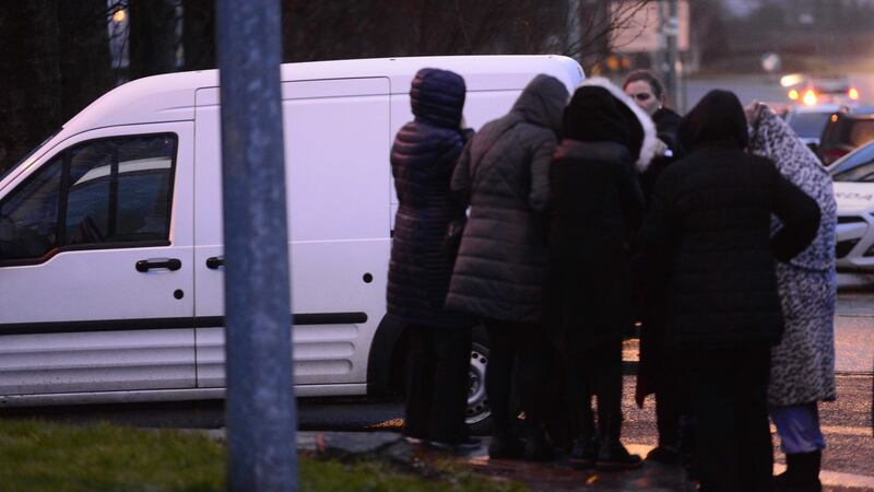 People at the scene of the shooting off Cloverhill Road, Ronanstown, Dublin. Photograph: Cyril Byrne