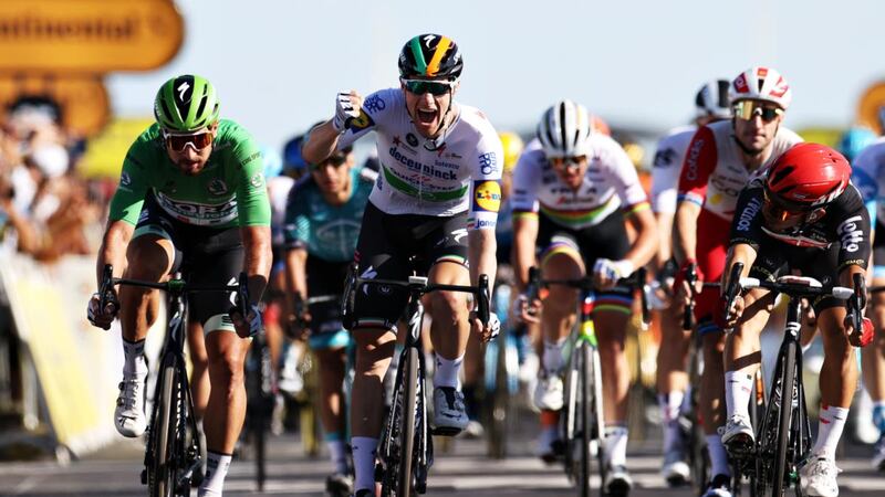 Sam Bennett claims his first Tour de France stage win. Photograph: Kenzo Tribouillard/Getty Images