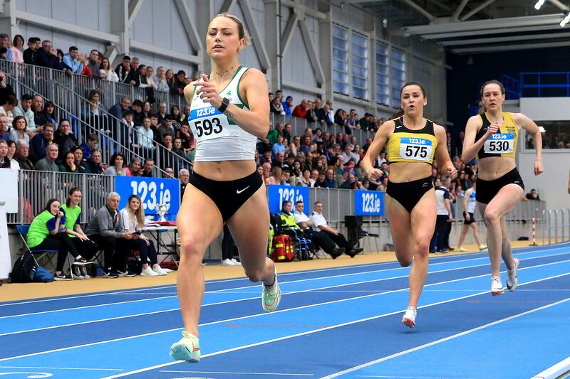 Sophie Becker of of Raheny Shamrocks A.C wins the 400m. Photograph: Bryan Keane/Inpho