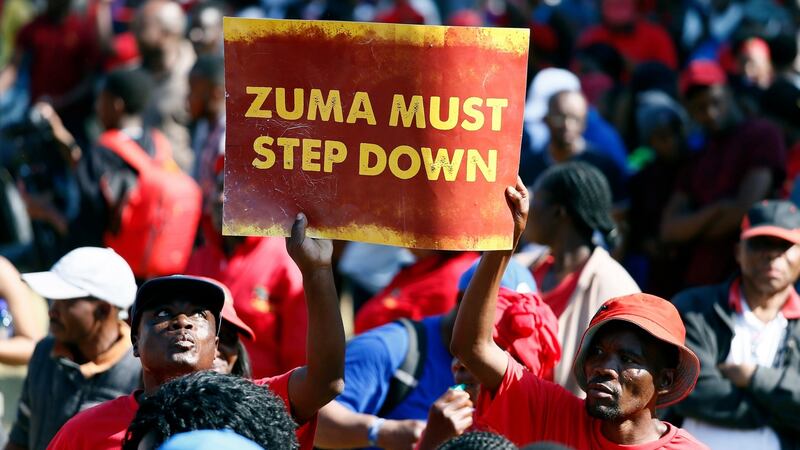 Members of the opposition EFF (Economic Freedom Fighters) during a march to the Union Buildings, calling for embattled president Zuma to step down, in Pretoria, South Africa. Photograph: STR/EPA