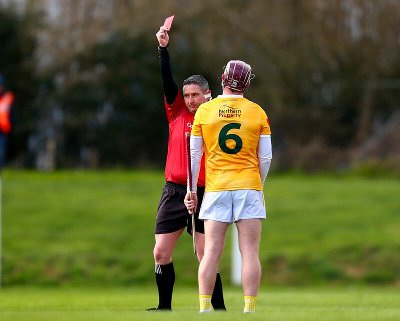 Fergal Horgan sends off Antrim’s Eoghan Campbell in his last intercounty game during the Allianz Hurling League Division 1B game between Waterford and Antrim at Fraher Field at the end of February. Photograph: Ken Sutton/Inpho