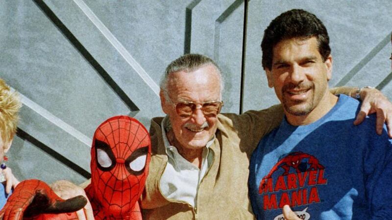 Marvel Comic Books co-creator Stan Lee poses with one of his characters ‘Spider-Man’ and actor Lou Ferrigno who portrayed The Incredible Hulk on television, during the grand opening of the Marvel Mania restaurant at Universal CityWalk in Los Angeles, California. File photograph: Fred Prouser/Reuters