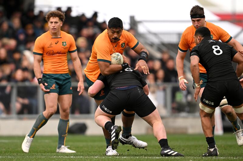 Will Skelton of Australia charges forward during The Rugby Championship & Bledisloe Cup match between the New Zealand All Blacks and the Australia Wallabies at Forsyth Barr Stadium. Photograph: Joe Allison/Getty