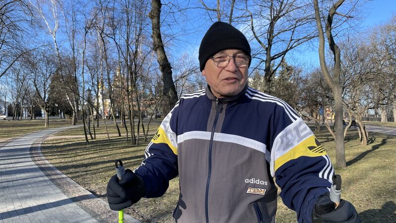 Oleh Bespalov, a former military officer and Ukrainian parliamentary deputy taking exercise in Kyiv after a 39-hour curfew.