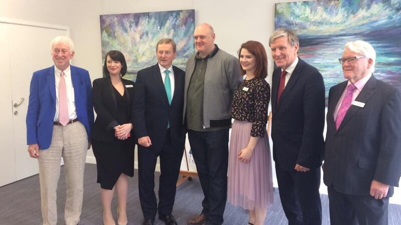 Taoiseach Enda Kenny at the Irish Cultural Centre in Hammersmith with chair of the board of directors Jim O’Hara, general manager Collette Mackin, comedian Dara O’Briain, assitant manager Katie Walsh, Ambassador Dan Muhall and secretary Seamus McGarry.