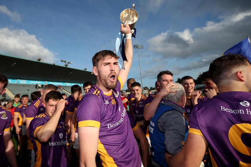 Kilmacud Crokes’ Ronan Hayes celebrates with the cup after the Dublin SHC final win over Na Fianna at Parnell Park. Photograph: Bryan Keane/Inpho 