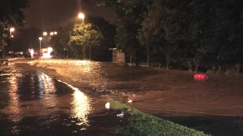 Main A6 road into Derry completely flooded at Drumahoe. Photograph: Freya McClements