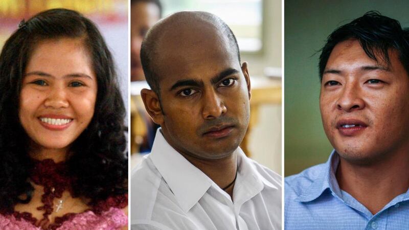 Three of Indonesia’s death-row prisoners Mary Jane Veloso of the Philippines (left), Myuran Sukumaran of Australia (centre) and Andrew Chan of Australia Photograph: EPA