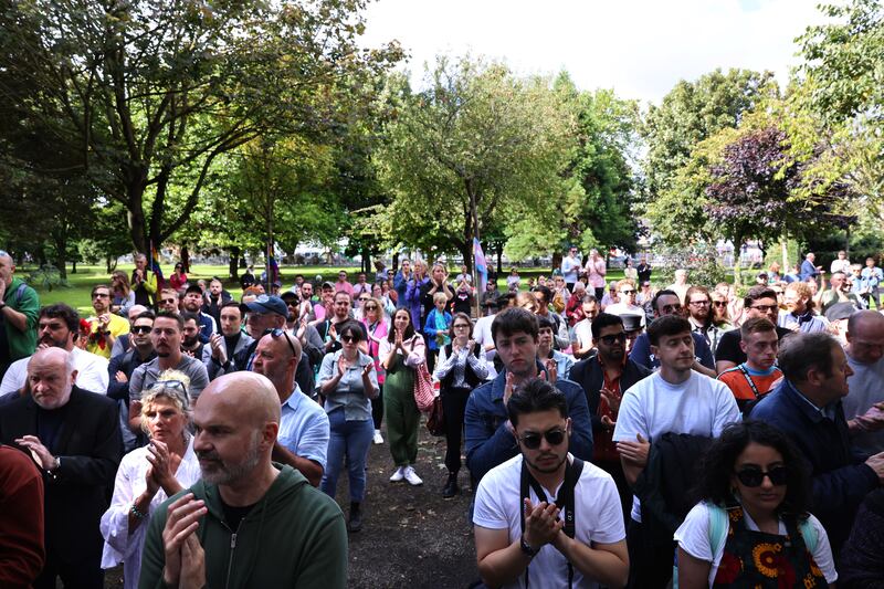 Crowds gather in Fairview Park to remember Declan Flynn. Photograph: Dara Mac Dónaill