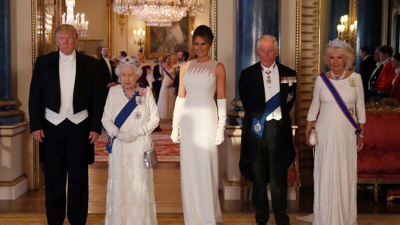 (left to right) Us president Donald Trump, Queen Elizabeth II, Melania Trump, the Prince of Wales and the Duchess of Cornwall, during a group photo ahead of the State Banquet at Buckingham Palace. Photograph: Alastair Grant/PA Wire