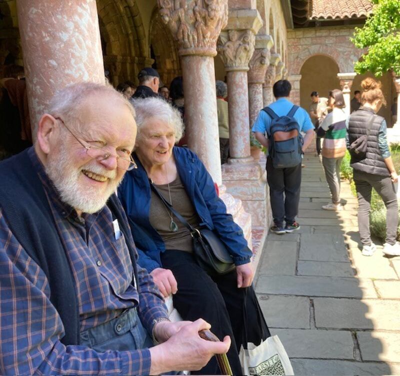 Michael and Edna Longley at the Cloisters on their most recent trip to New York, May 2024