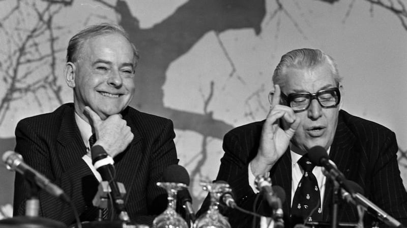 Molyneaux and the Rev Ian Paisley at a press conference at Stormont.