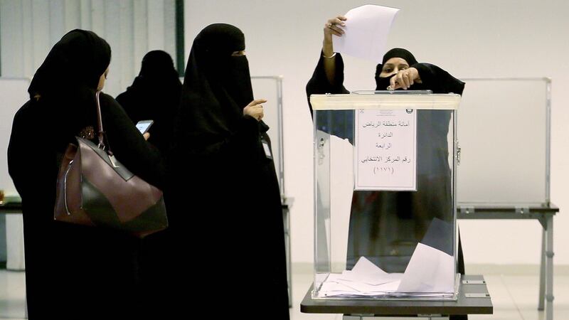 Saudi women cast their votes at a polling station in the Kingdom’s municipal elections, in Riyadh, Saudi Arabia, on Saturday. Photograph: EPA