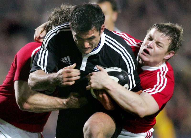 New Zealand Maori centre Rua Tipoki the tackles of Brian O'Driscoll and Gordon D'Arcy on the Lions Tour. Photograph: William West/AFP via Getty