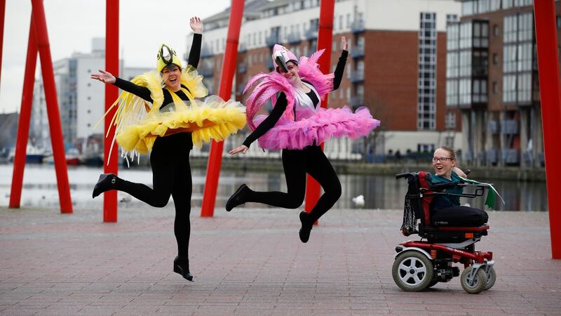 Performers from Artastic with Joanne O’Riordan (centre), who is to be grand marshal for this year’s St Patrick’s Festival parade in Dublin. Photograph: Robbie Reynolds