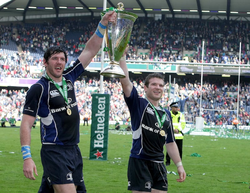 Leinster's Shane Horgan and Gordon D'Arcy celebrate with the Heineken Cup on May 23rd, 2009. Photograph: Morgan Treacy/Inpho