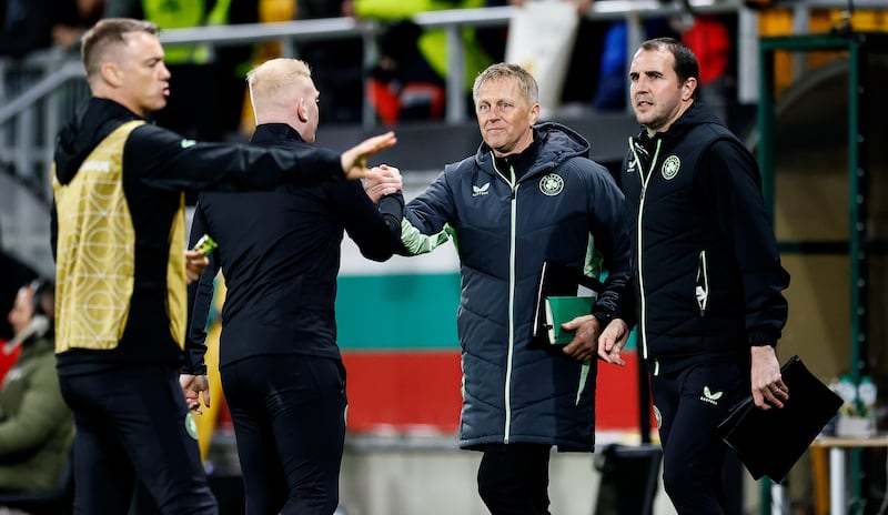 Ireland head coach Heimir Hallgrímsson with John O'Shea after the game. Photograph: Kostadin Andonov/Inpho