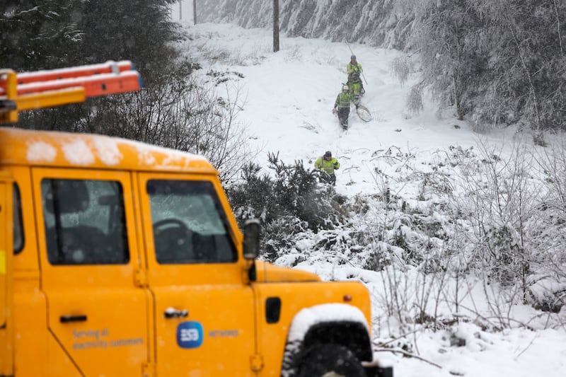 05/01/2025 - NEWS - An Esb repair crew fixing a broken Electricity line due to a fallen tree  in the hills near Castlewarren near Kilkenny City during heavy snow fall and weather warnings. Photograph: Alan Betson / The Irish Times

