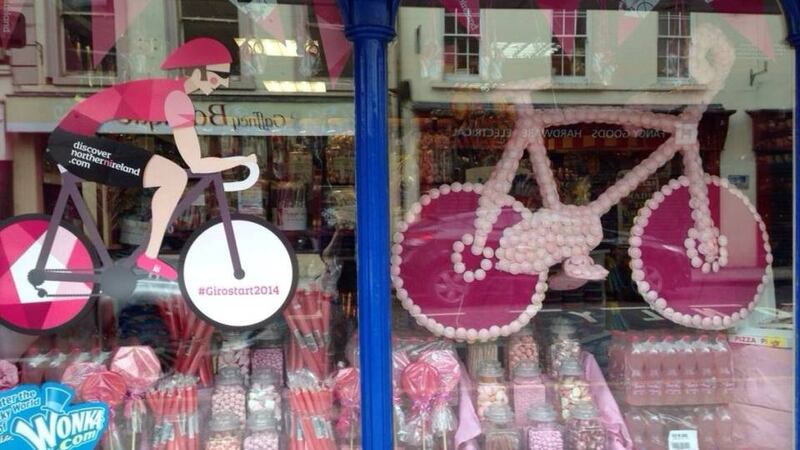 Award winning: The window of Scoopy's Sweets and Ice Cream in Armagh, marking the start of the Giro D'Italia this year. Nominated in the Best Shop Window category by Ciera Grimley