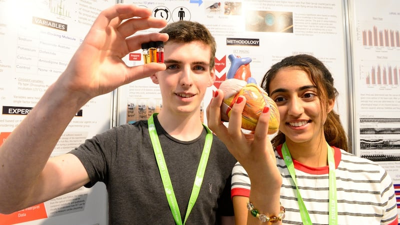 Simon Meehan left from Colaiste Cholm in Ballincollig, Co Cork with natural plant extracts with a potential new antibotic. Rhea Malhotra from USA holding a heart from her project of 3D imaging of cardiac physiology in fruit flies at the set up of the European Union Contest for Young Scientists at the RDS. Photograph: Cyril Byrne/The Irish Times.