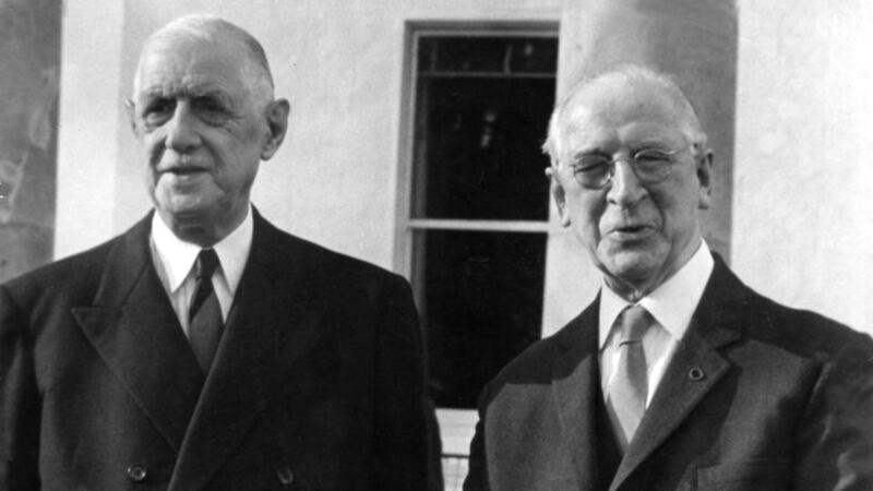 Former French president Gen Charles de Gaulle and former Irish president Eamon de Valera at Áras an Uachtaráin in 1969. Photograph: Jimmy McCormack