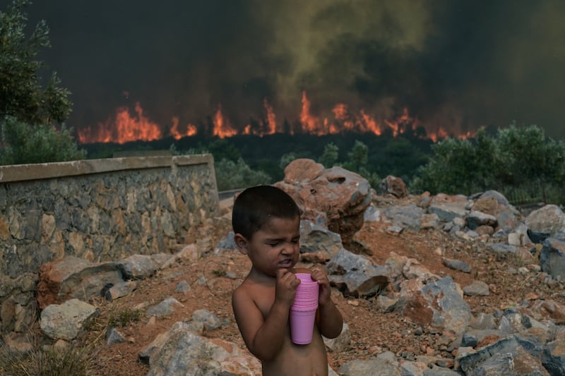 A child reacts as a wildfire burns, in the village of Agios Charalabos, near Athens, on July 18th, 2023. Photograph: Aris Messinis/AFP via Getty Images