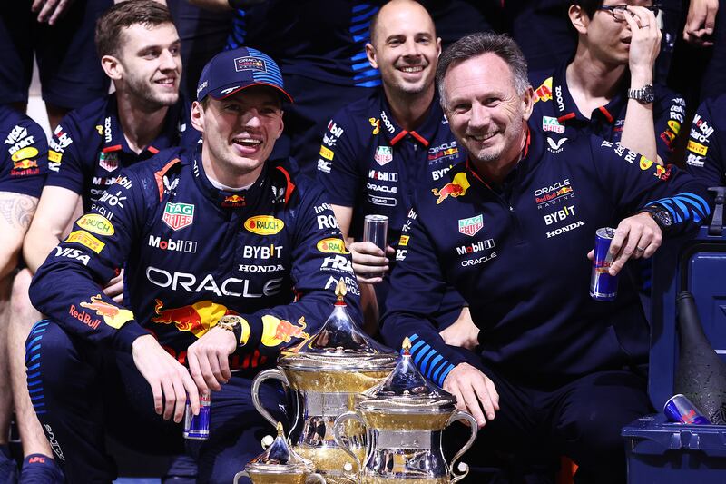 Race winner Max Verstappen and team principal Christian Horner after the recent Bahrain Grand Prix. Photograph: Clive Rose/Getty Images